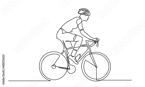 Continuous line drawing of athlete cycling with safety helmet. cycling with a Healthy lifestyle. single-line art of a classic bicycle isolated on a white background.
