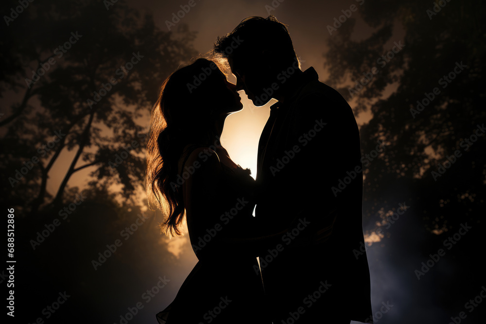 Silhouette of an embracing kissing couple at sunset