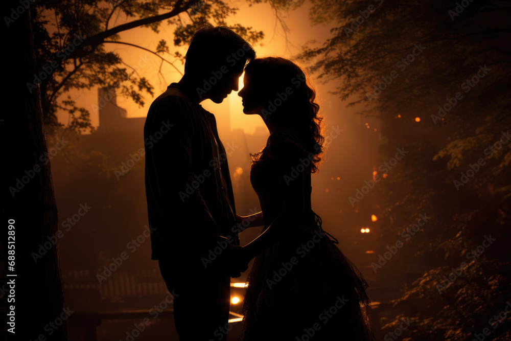 Silhouette of an embracing kissing couple at sunset