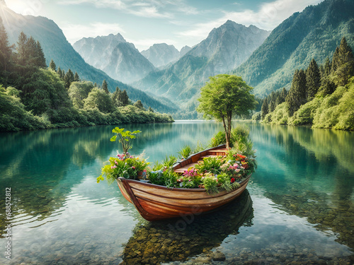 a boat crafted from a tree trunk and plants, floating in a lake