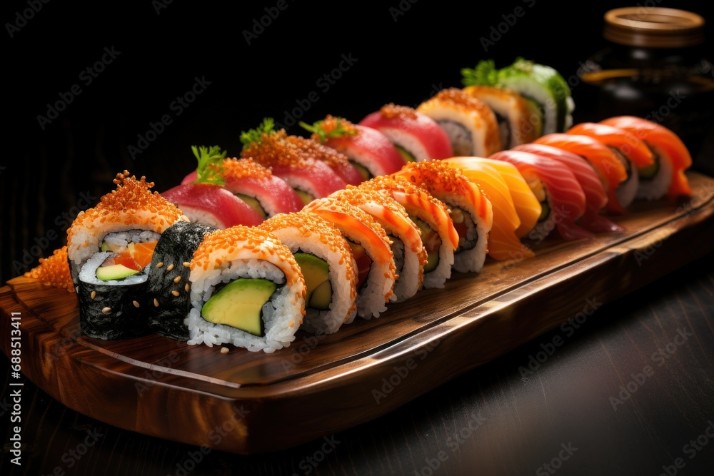 Vibrant sushi rolls displayed on a wooden platter, highlighting the meticulous craftsmanship and artistic presentation of Japanese culinary traditions. Generative Ai. Vibrant sushi rolls displayed on a wooden platter, highlighting the meticulous craftsmanship and artistic presentation of Japanese culinary traditions. Generative Ai.