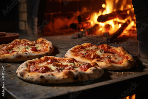 A traditional Italian pizza emerging from a wood-fired oven, showcasing the authentic craftsmanship and classic flavors of Italian cuisine. Generative Ai.