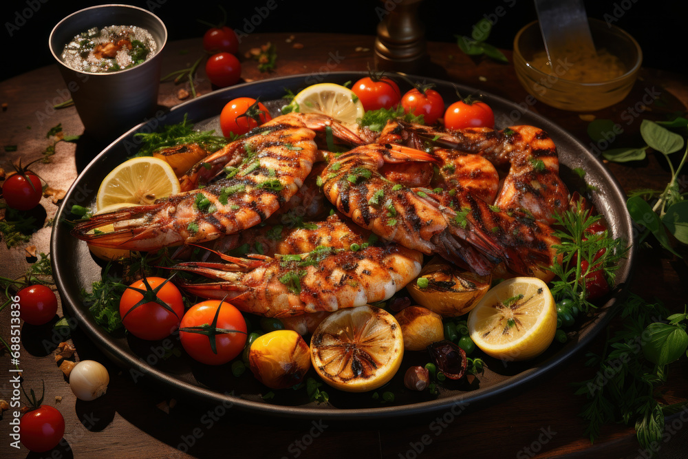 A plate of perfectly grilled seafood accompanied by fresh herbs, representing the simplicity and freshness of Mediterranean cuisine. Generative Ai.