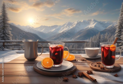 Hot mulled wine with winter landscape background photo
