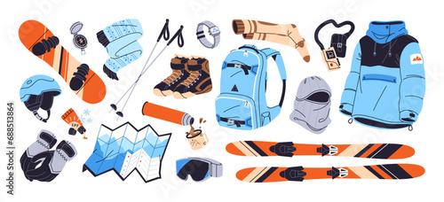Ski equipment set. Active winter holiday kit in mountains. Sport gears: snowboard, backpack, helmet, boots, gloves, beeper, SPF, thermos, map. Flat isolated vector illustration on white background photo