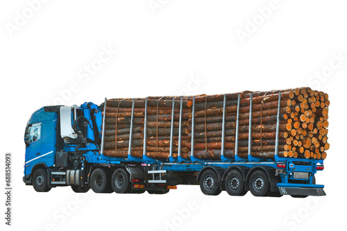 Isolated on a white background Truck Carrying a Heavy Load of Wooden Logs on the Roadside. Timber Transport. Lumber processing concept. Side View of a Loaded Truck on the Highway.