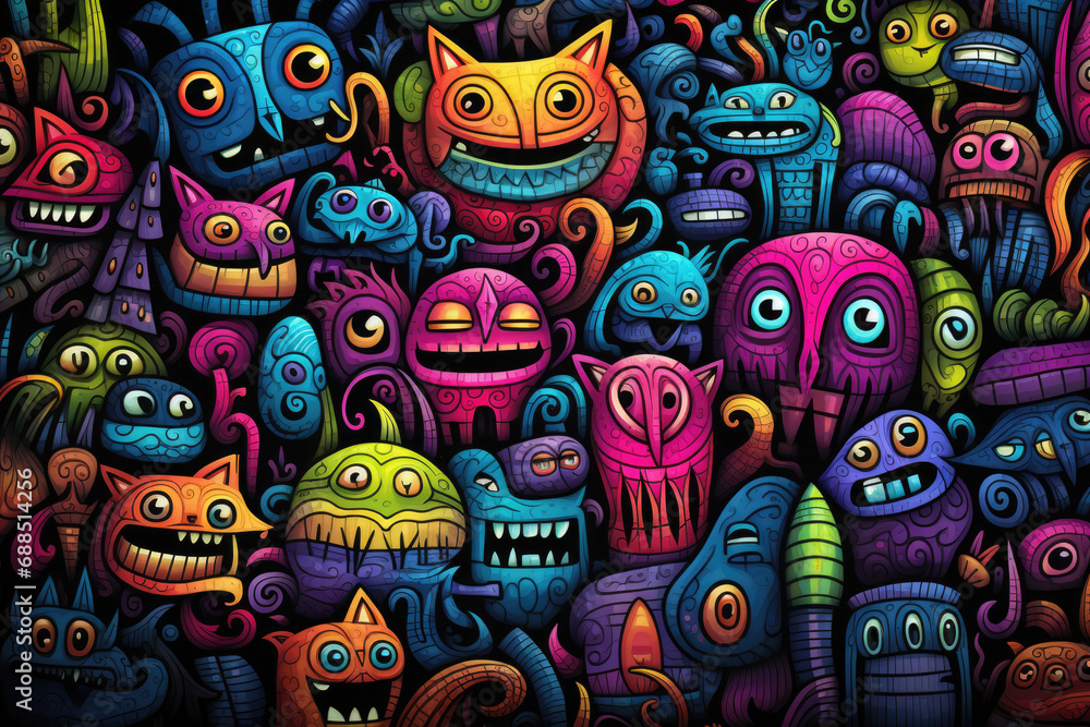 Funny monsters, colorful bright background in graffiti style