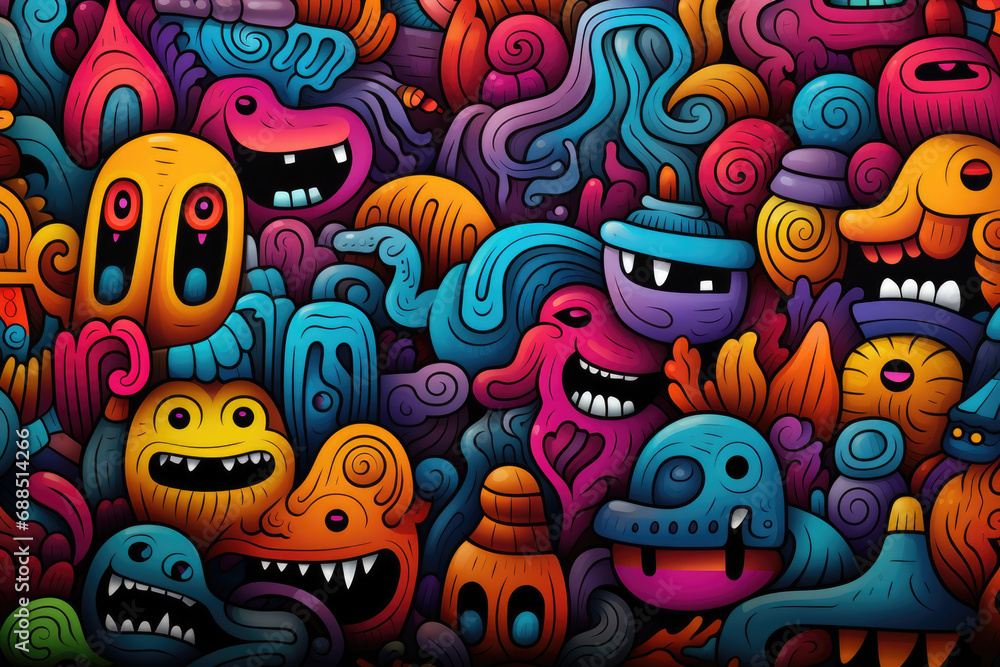 Funny graffiti monsters, colorful children's background