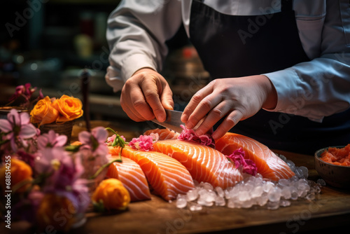 A close-up of a chef's hands skillfully slicing fresh sashimi, emphasizing the precision and quality of Japanese seafood. Generative Ai.