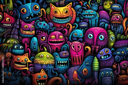 Funny monsters  colorful bright background in graffiti style
