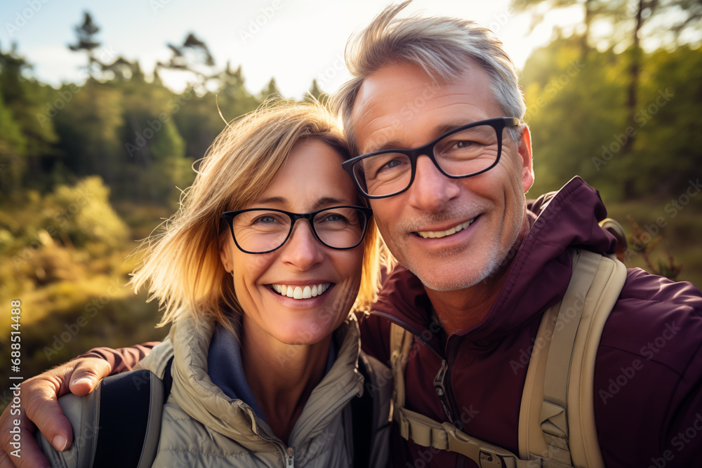 Adult couple at outdoors with glasses - obrazy, fototapety, plakaty 