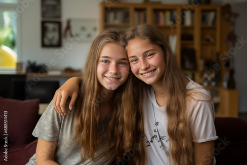Two teenager girl friends in a house