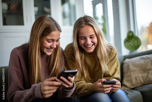 Two teenager girl friends in a house using mobile phone photo
