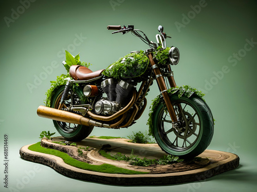 a motorcycle entirely crafted from natural elements of a tree