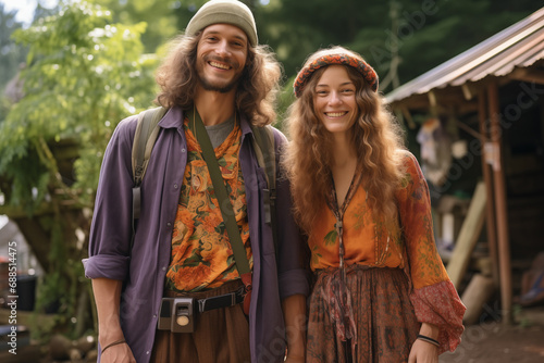 Adult couple at outdoors with hippie cloths