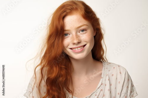 Young pretty redhead girl over isolated white background © luismolinero