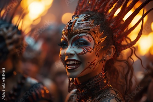 Captivating flames performers with fiery batons and carnival masks, carnival festival pictures photo