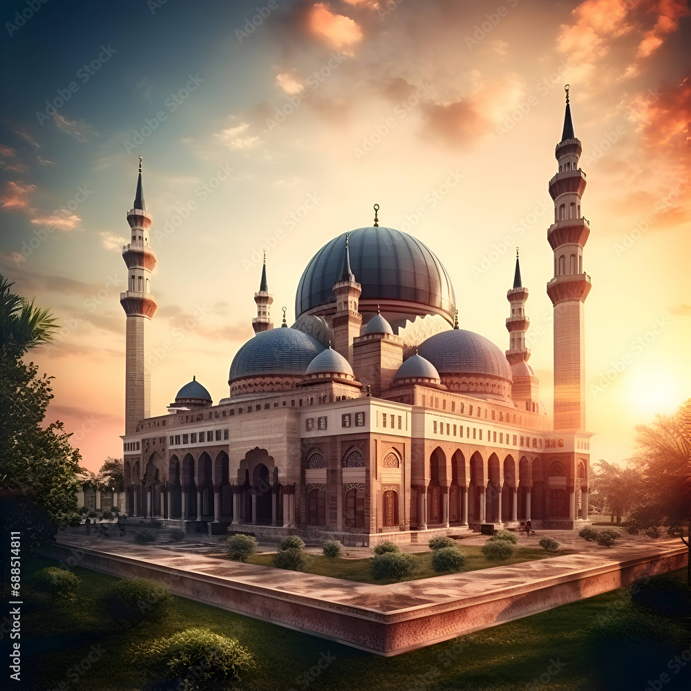 Mosque in the park at sunset. 3d rendering. Computer digital drawing.