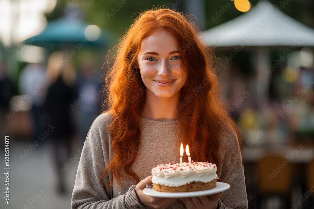 Young pretty redhead woman at outdoors holding birthday cake