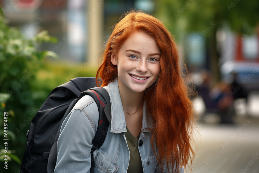 Naklejka premium Young pretty redhead woman at outdoors with a student backpack