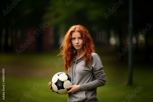 Young pretty redhead woman at outdoors holding soccer ball © luismolinero