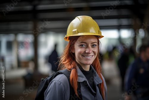 Young pretty redhead woman at outdoors with worker cap