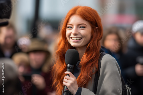 Young pretty redhead woman at outdoors as a reporter holding a microphone and reporting news photo