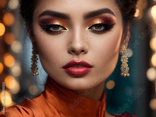 portrait features a young woman adorned with stunning and beautiful makeup