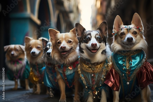 Carnival parade dogs in venetian themed outfits on the march, festive carnival photos photo