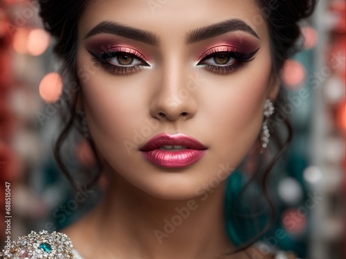 portrait features a young woman adorned with stunning and beautiful makeup