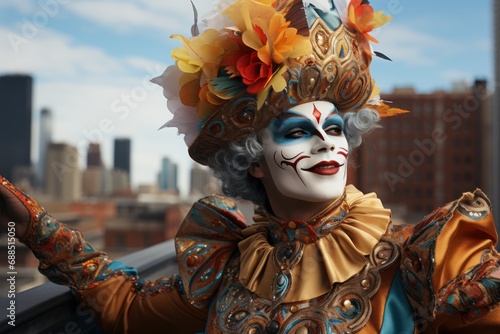 Carnival masked man celebrating over city skyline, colorful carnival images