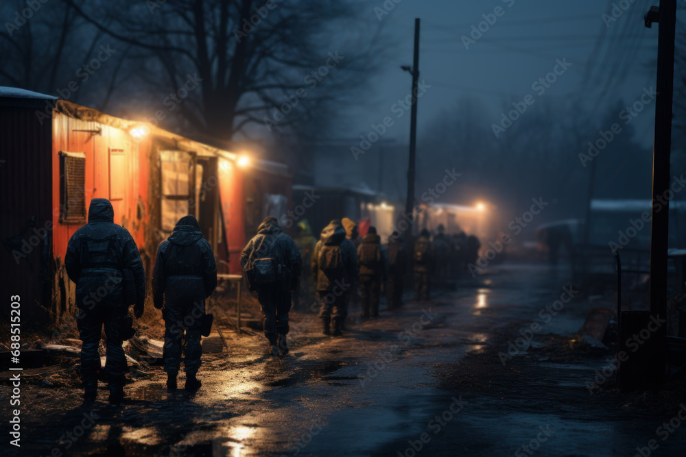 A line forming outside a shelter on a cold winter night, underscoring the urgent need for accessible and adequate housing resources. Generative Ai.
