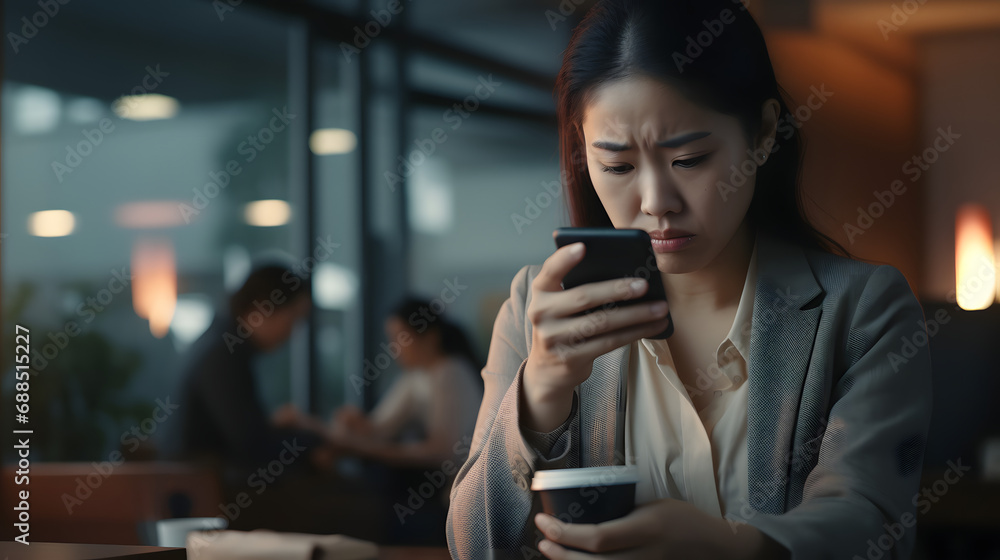 Young busy stressed upset Asian business woman holding cellphone using mobile phone, looking at smartphone feeling tired frustrated reading bad news on financial market working in offi. generative ai.