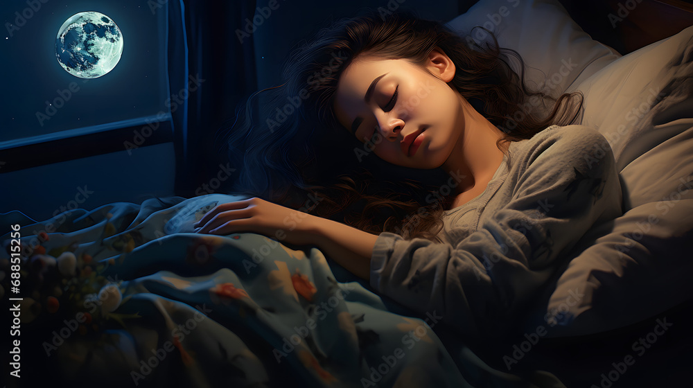 Young female sleeping peacefully in her bedroom at night. Relaxing at nighttime. generative ai. Young female sleeping peacefully in her bedroom at night. Relaxing at nighttime. generative ai.