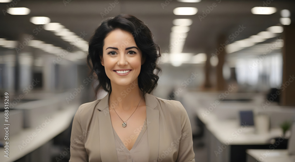 Portrait of a happy lady boss in the office, black hair Portrait of a happy lady boss in the office, black hair