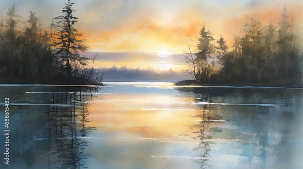 Fototapeta premium Pastel watercolors of beautiful lakes with boats.