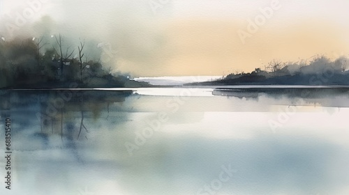 Pastel watercolors of beautiful lakes with boats.