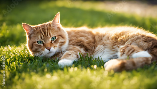 Calm cat lying on the grass. Generative AI.
