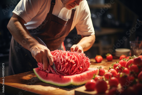 A chef creatively carving a watermelon into intricate shapes, turning a simple fruit into an edible work of art. Concept of culinary craftsmanship and presentation. Generative Ai. photo