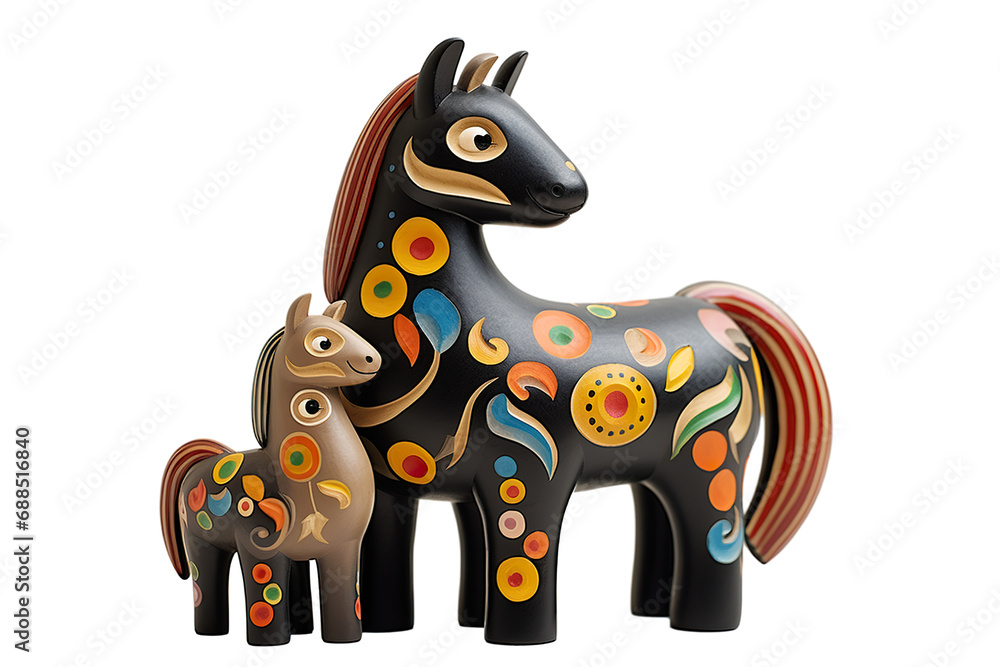 12 animal designations PNG: a figurine of a lovely horse family, Very cute with colorful designs, Chinese traditional folk mud dog art style, in the style of woodcarvings