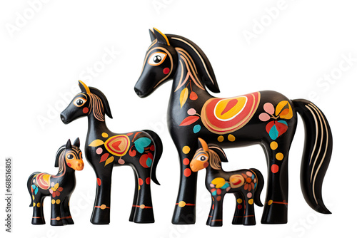 12 animal designations PNG: a figurine of a lovely horse family, Very cute with colorful designs, Chinese traditional folk mud dog art style, in the style of woodcarvings