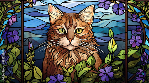 Stained glass beautiful background with cat and spring flowers as wall paper background illustration