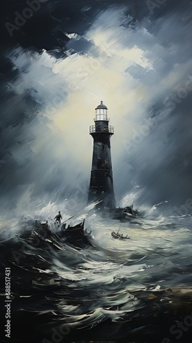 Lighthouse, storm, thunderstorm, minimalism, Oil painting on canvas, the top is drawn in pencil © Papilouz Studio