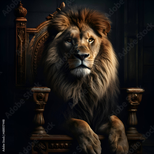 Portrait of a lion on a chair in a dark room.