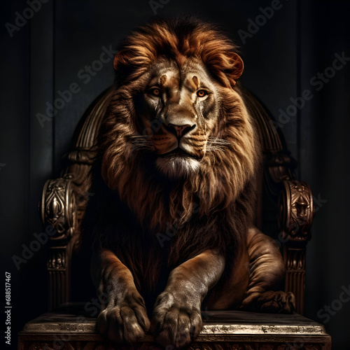 Portrait of a lion sitting on an antique chair. Studio shot.