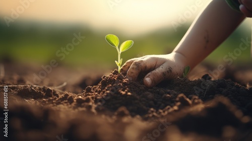 Close up of child hands Planting young tree. National tree planting day. Save Earth concept.