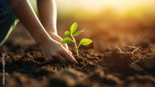 Close up of child hands Planting young tree. National tree planting day. Save Earth concept. photo