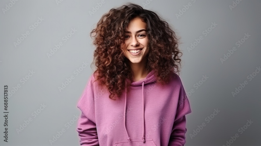 Pretty curly girl wearing purple oversized hoodie smiles on white background. Pretty curly girl wearing purple oversized hoodie smiles on white background.
