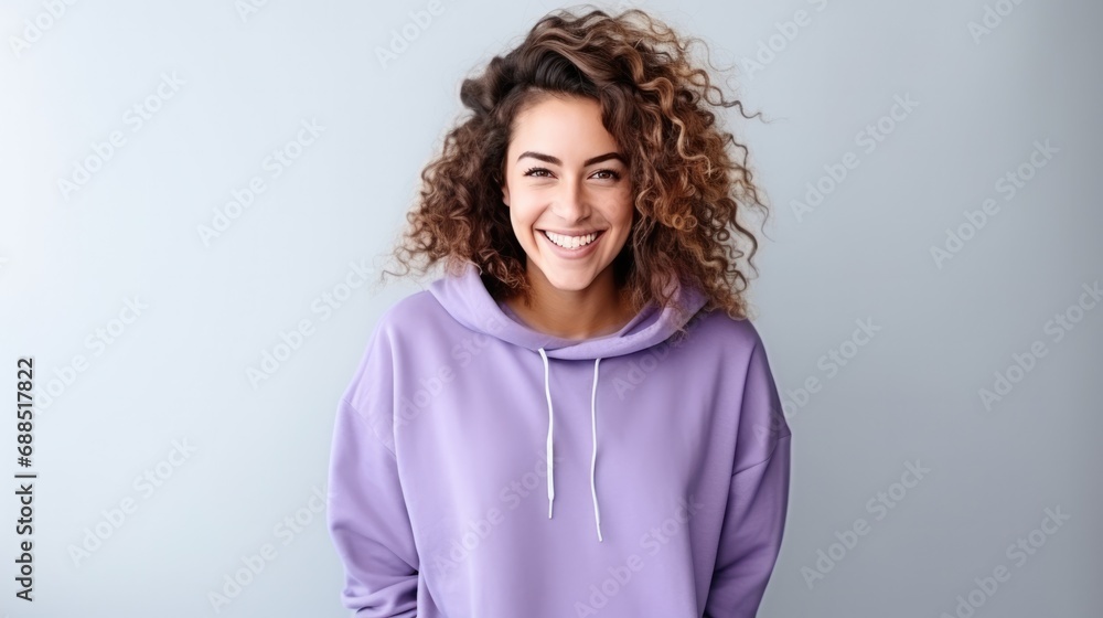 Pretty curly girl wearing purple oversized hoodie smiles on white background. Pretty curly girl wearing purple oversized hoodie smiles on white background.