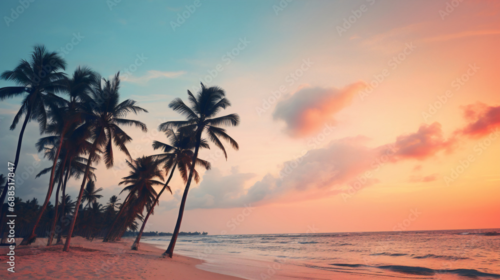 Fototapeta premium Tropical beach with palm trees at sunset